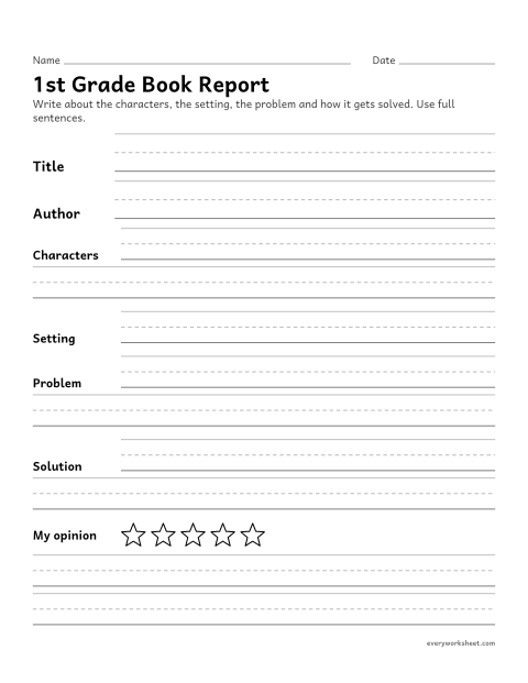 Preview of the printable “1st grade book report” worksheet: describing characters, setting, problem and solution