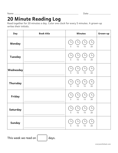 Preview of the printable “20 minute reading log” worksheet: reading together every day at home