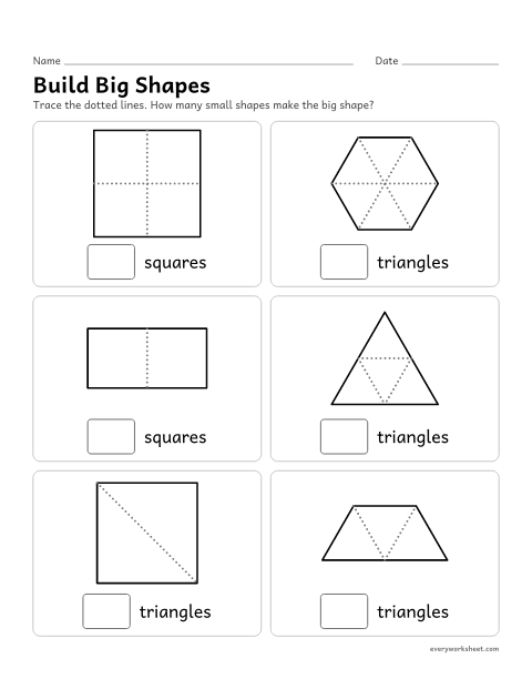 Preview of the printable “Build big shapes” worksheet: seeing the small shapes that make a big shape