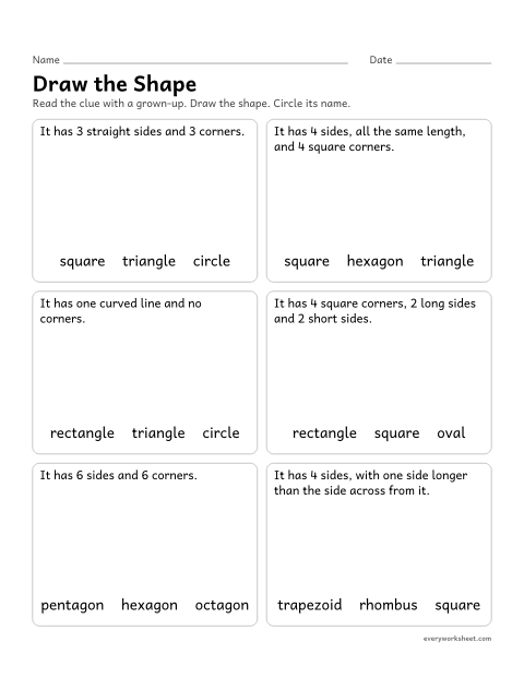 Preview of the printable “Draw the shape” worksheet: drawing a shape from its sides and corners