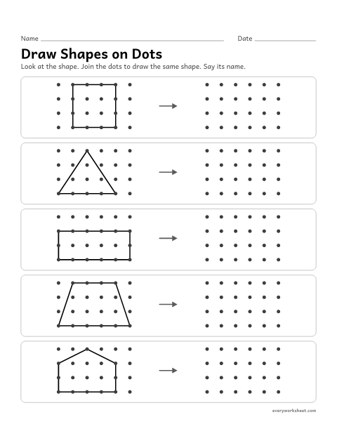 Preview of the printable “Draw shapes on dots” worksheet: drawing flat shapes by joining dots