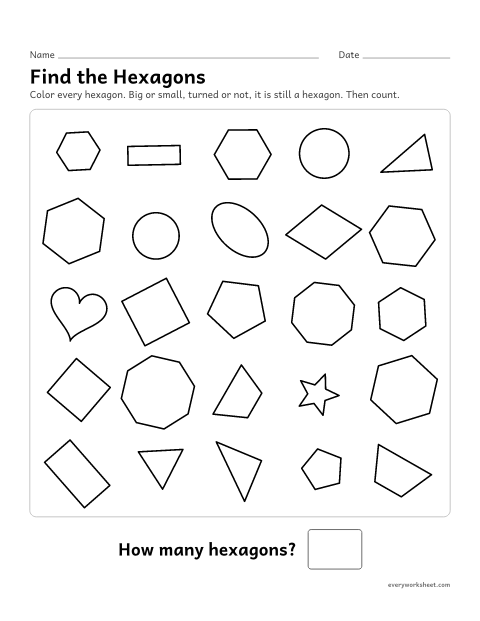 Preview of the printable “Find the hexagons” worksheet: finding hexagons of any size or turn