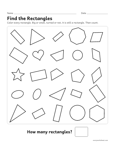 Preview of the printable “Find the rectangles” worksheet: finding rectangles of any size or turn