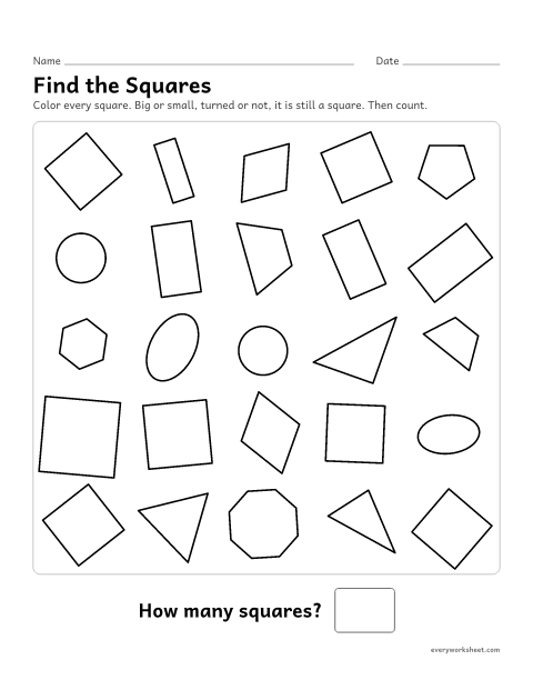 Preview of the printable “Find the squares” worksheet: finding squares of any size or turn