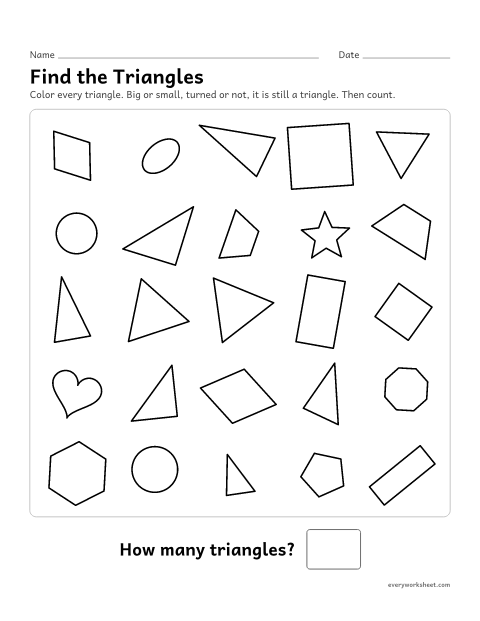 Preview of the printable “Find the triangles” worksheet: finding triangles of any size or turn