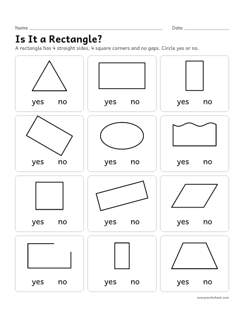 Preview of the printable “Is it a Rectangle?” worksheet: telling what makes a shape a rectangle