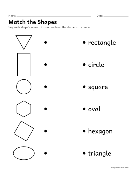Preview of the printable “Match the shapes” worksheet: matching turned shapes to their names