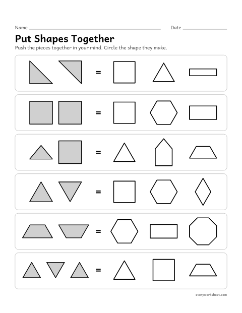 Preview of the printable “Put shapes together” worksheet: joining two or three shapes to make a new shape