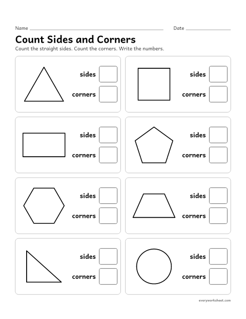 Preview of the printable “Count sides and corners” worksheet: counting the sides and corners of flat shapes
