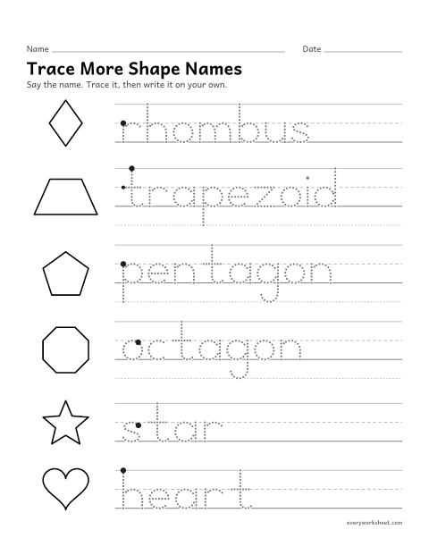 Preview of the printable “Trace more shape names” worksheet: naming and writing rhombus, trapezoid, pentagon, octagon, star and heart