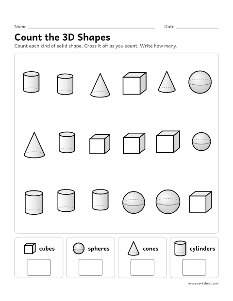 Preview of the printable “Count the 3D shapes” worksheet: sorting and counting solid shapes