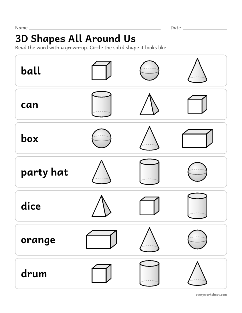 Preview of the printable “3D shapes all around us” worksheet: naming the solid shape of everyday things