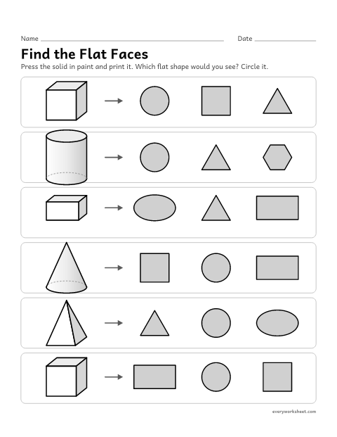 Preview of the printable “Find the flat faces” worksheet: matching solid shapes to the flat shapes on their faces