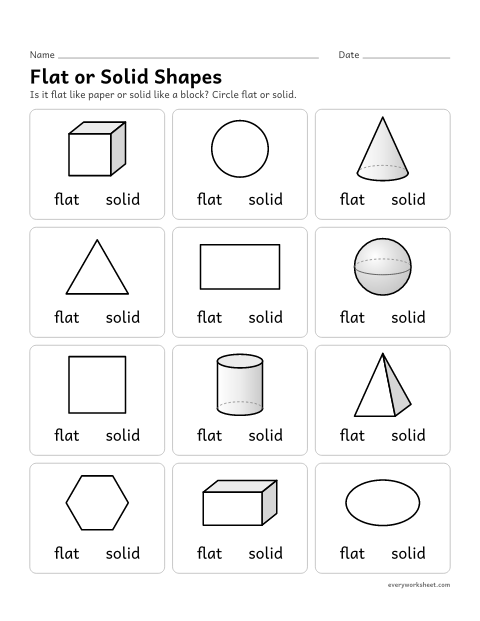 Preview of the printable “Flat or solid shapes” worksheet: telling flat (2D) shapes from solid (3D) shapes