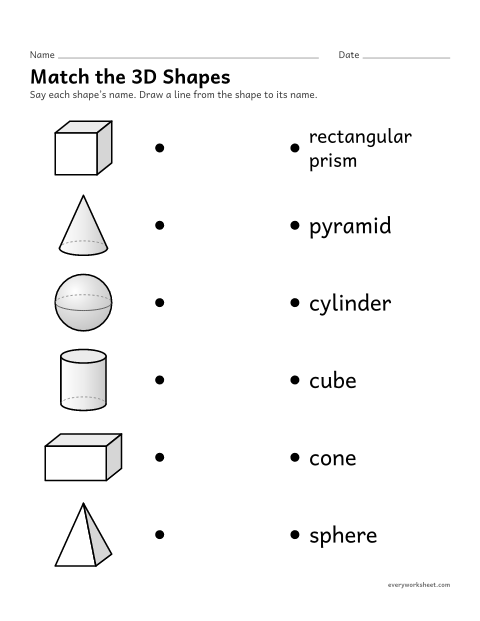 Preview of the printable “Match the 3D shapes” worksheet: matching solid shapes to their names