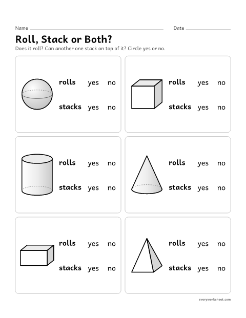 Preview of the printable “Roll, stack or Both?” worksheet: describing solid shapes: which roll and which stack