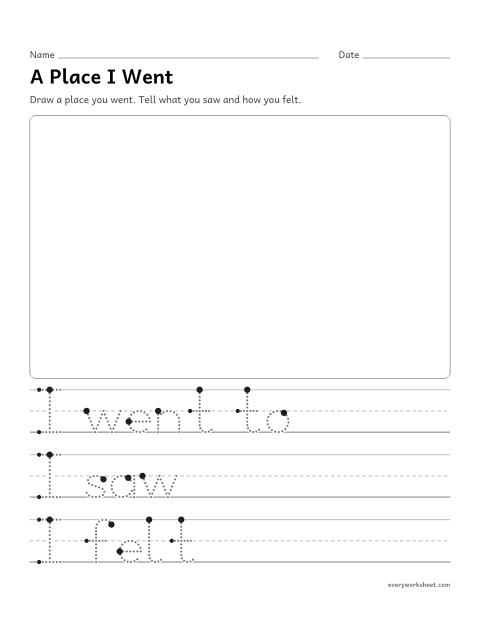 Preview of the printable “A place I went writing prompt” worksheet: telling about something that happened, in order