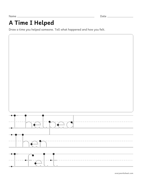 Preview of the printable “A time I helped writing prompt” worksheet: telling about something that happened, in order