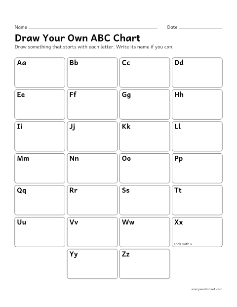 Preview of the printable “Draw your own ABC chart” worksheet: knowing the letters of the alphabet in order
