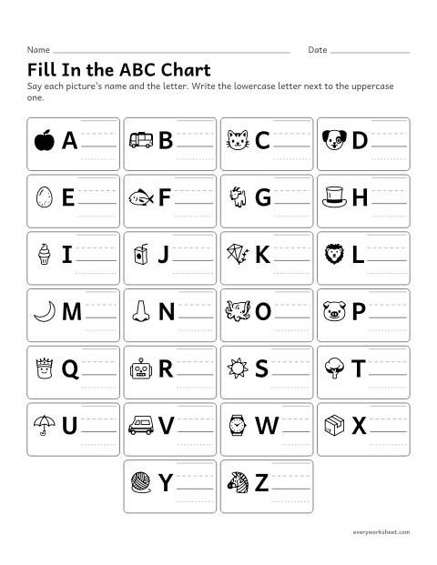 Preview of the printable “Fill in the ABC chart” worksheet: writing the lowercase partner of each uppercase letter