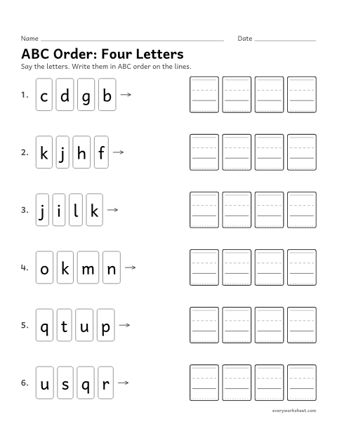 Preview of the printable “ABC Order: four letters” worksheet: putting letters in ABC order