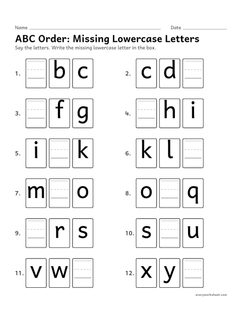 Preview of the printable “ABC Order: missing lowercase letters” worksheet: knowing which letter comes before, between and after