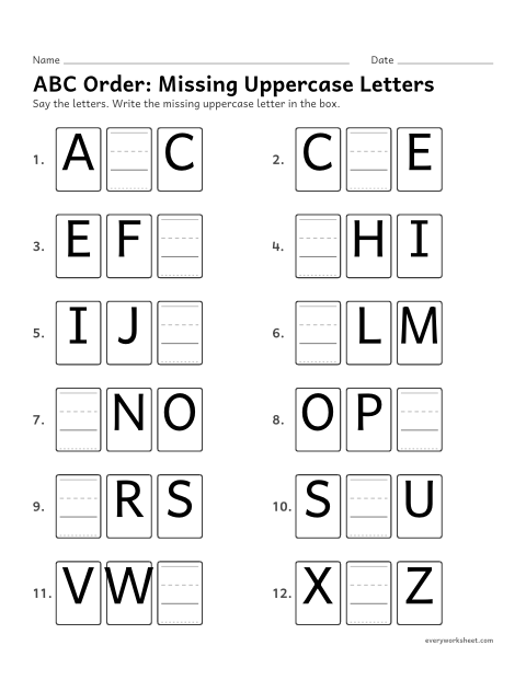 Preview of the printable “ABC Order: missing uppercase letters” worksheet: knowing which letter comes before, between and after