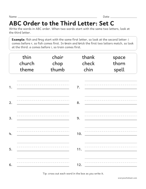 Preview of the printable “ABC order to the third Letter: set C” worksheet: putting words in ABC order to the third letter, the way a dictionary does
