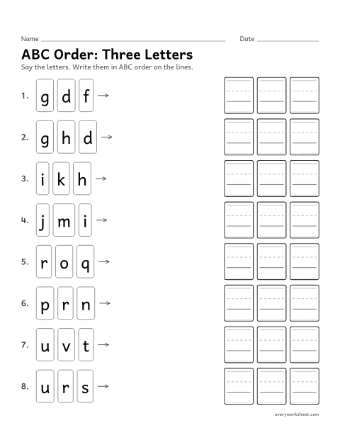 Preview of the printable “ABC Order: three letters” worksheet: putting letters in ABC order