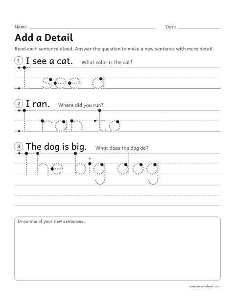 Preview of the printable “Add a Detail: revising sentences” worksheet: answering a question to add a detail to a sentence