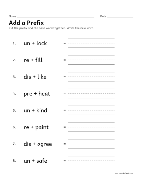 Preview of the printable “Add a prefix” worksheet: joining a prefix and a base word to make a new word