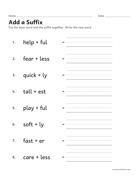 Preview of the printable “Add a suffix” worksheet: joining a base word and a suffix to make a new word