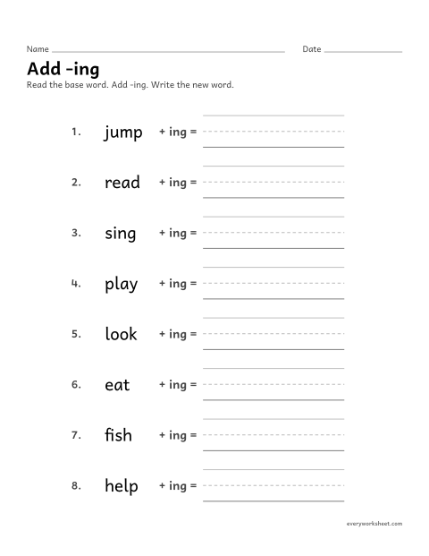 Preview of the printable “Add -ing” worksheet: adding -ing to base words