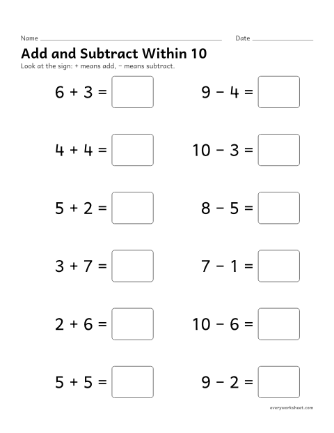 Preview of the printable “Add and subtract within 10” worksheet: adding and subtracting within 10