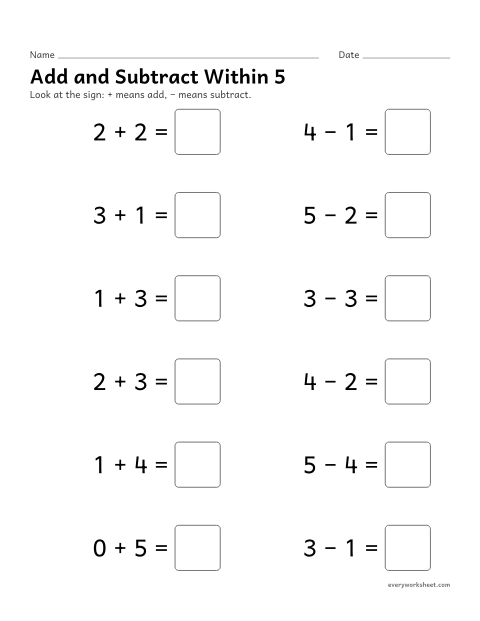 Preview of the printable “Add and subtract within 5” worksheet: adding and subtracting fluently within 5