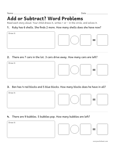 Preview of the printable “Add or Subtract? word problems” worksheet: choosing addition or subtraction to solve word problems within 10