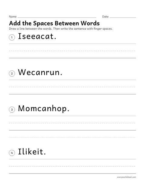 Preview of the printable “Add the spaces between words” worksheet: finding where words begin and end, and writing them with spaces