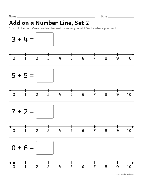 Preview of the printable “Add on a number Line, set 2” worksheet: adding within 10 with hops on a number line
