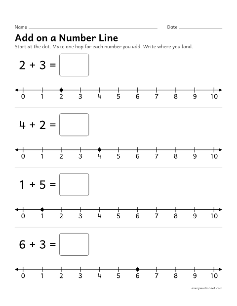 Preview of the printable “Add on a number line” worksheet: adding within 10 with hops on a number line