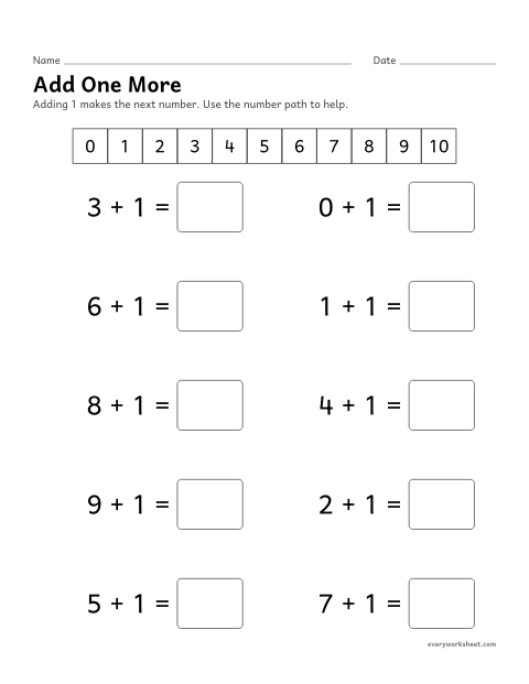 Preview of the printable “Add one more” worksheet: adding 1 to find the next number