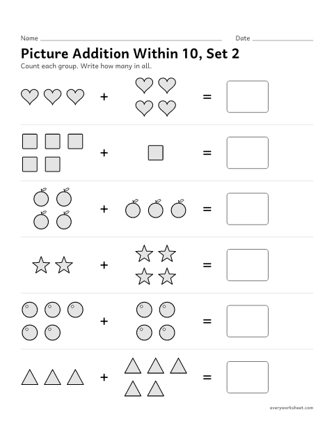 Preview of the printable “Picture addition within 10, set 2” worksheet: adding two groups of pictures within 10