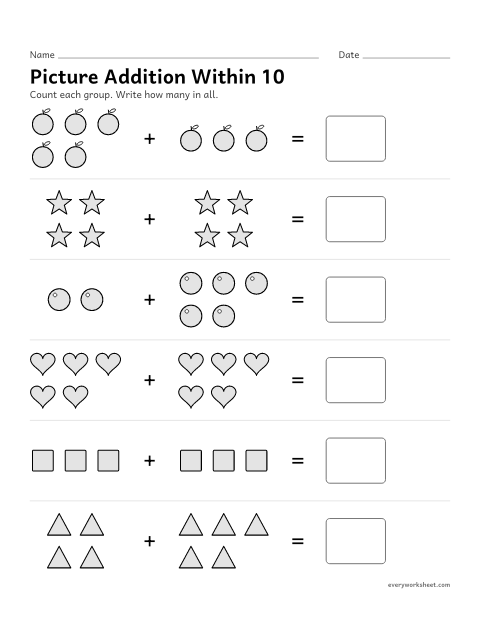 Preview of the printable “Picture addition within 10” worksheet: adding two groups of pictures within 10