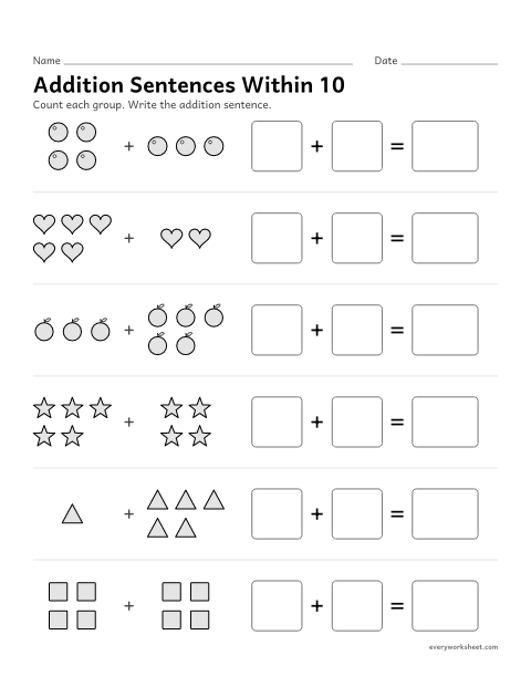 Preview of the printable “Addition sentences within 10” worksheet: writing addition sentences for pictures within 10