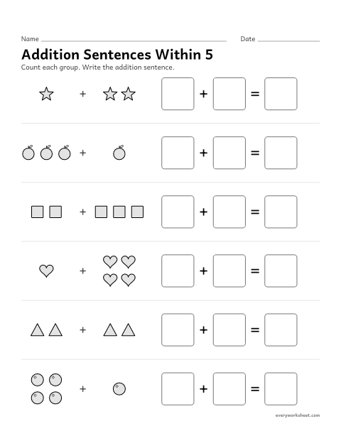 Preview of the printable “Addition sentences within 5” worksheet: writing addition sentences for pictures within 5