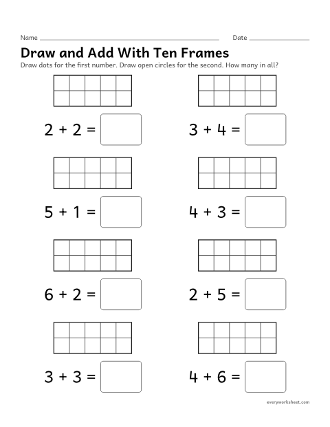Preview of the printable “Draw and add with ten frames” worksheet: drawing both numbers in a ten frame to add within 10