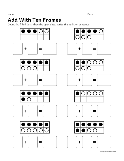 Preview of the printable “Add with ten frames” worksheet: adding within 10 with ten frames