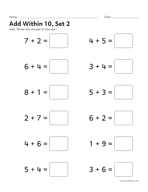 Preview of the printable “Add within 10, set 2” worksheet: adding within 10