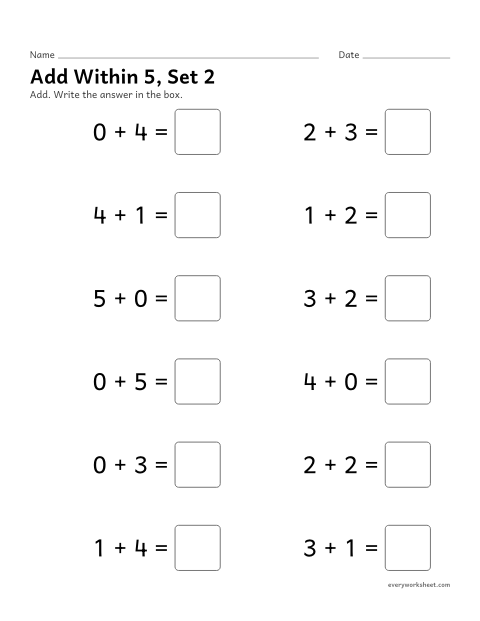 Preview of the printable “Add within 5, set 2” worksheet: adding fluently within 5, including 0