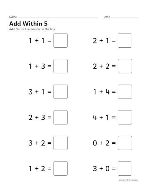 Preview of the printable “Add within 5” worksheet: adding fluently within 5
