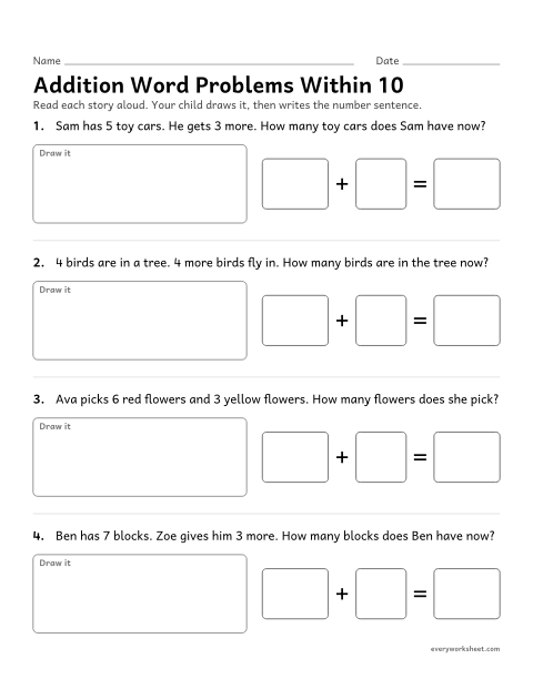 Preview of the printable “Addition word problems within 10” worksheet: solving addition word problems within 10 by drawing